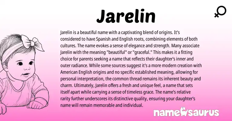 Infographic about Jarelin name meaning, Jarelin is a name from English, Spanish origin(s).