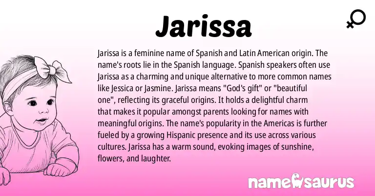 Infographic about Jarissa name meaning, Jarissa is a name from Spanish (Latin American), American (Hispanic), Portuguese (Brazilian) origin(s).