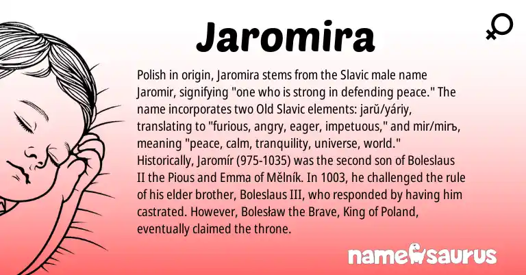 Infographic about Jaromira name meaning, Jaromira is a name from Old Slavic, Polish, Slavic origin(s).