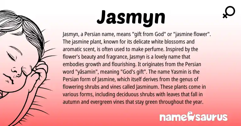Infographic about Jasmyn name meaning, Jasmyn is a name from Persian origin(s).