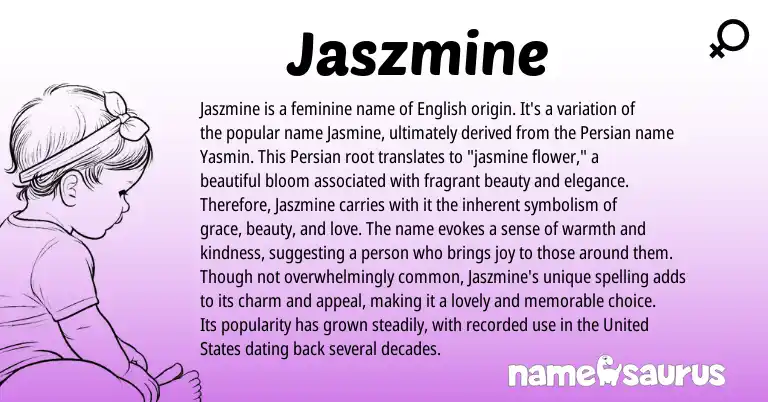 Infographic about Jaszmine name meaning, Jaszmine is a name from Persian, English origin(s).