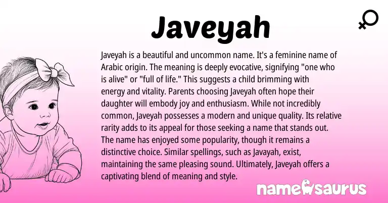 Infographic about Javeyah name meaning, Javeyah is a name from Arabic origin(s).