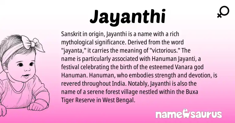 Infographic about Jayanthi name meaning, Jayanthi is a name from Sanskrit origin(s).