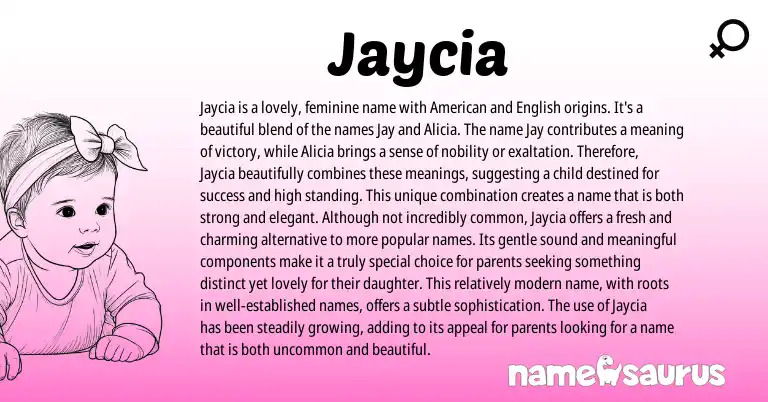 Infographic about Jaycia name meaning, Jaycia is a name from American, English origin(s).