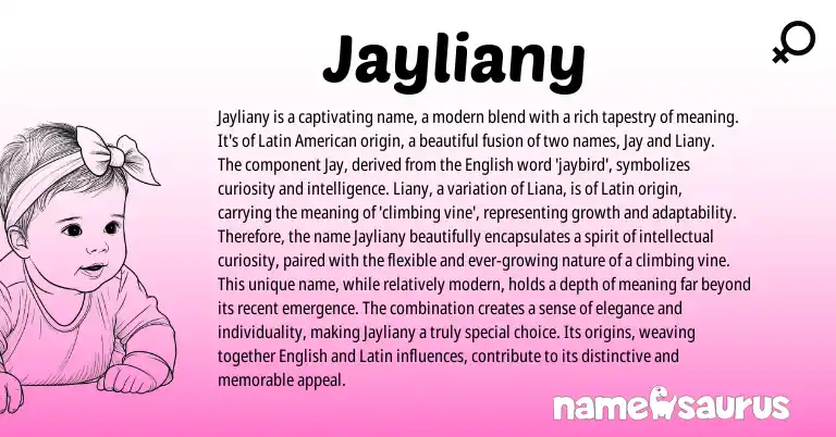 Infographic about Jayliany name meaning, Jayliany is a name from American, English, Latin origin(s).
