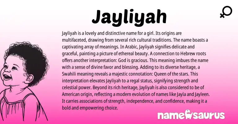 Infographic about Jayliyah name meaning, Jayliyah is a name from Swahili, Hebrew, Arabic, American origin(s).