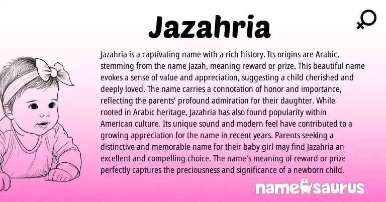 Infographic about Jazahria name meaning, Jazahria is a name from Arabic origin(s).