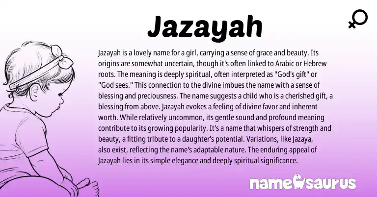 Infographic about Jazayah name meaning, Jazayah is a name from Arabic origin(s).