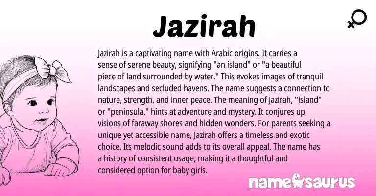 Infographic about Jazirah name meaning, Jazirah is a name from Arabic origin(s).