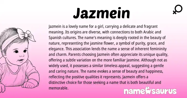 Infographic about Jazmein name meaning, Jazmein is a name from Arabic origin(s).