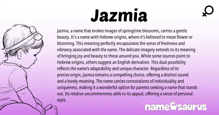 Infographic about Jazmia name meaning, Jazmia is a name from Hebrew origin(s).