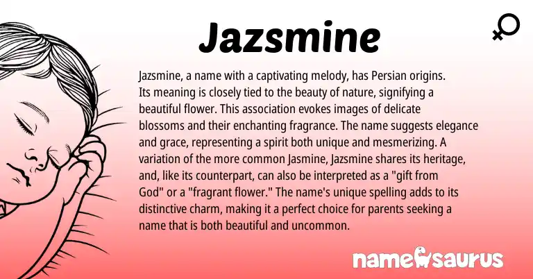 Infographic about Jazsmine name meaning, Jazsmine is a name from Persian, English origin(s).