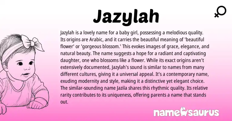 Infographic about Jazylah name meaning, Jazylah is a name from Arabic origin(s).