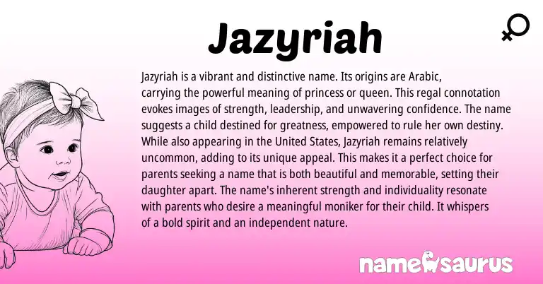 Infographic about Jazyriah name meaning, Jazyriah is a name from Arabic origin(s).