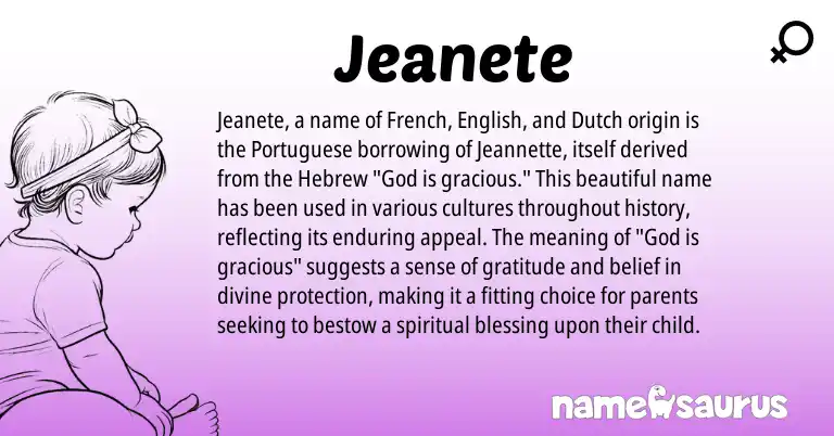 Infographic about Jeanete name meaning, Jeanete is a name from English, French, Dutch, Hebrew, Portuguese origin(s).
