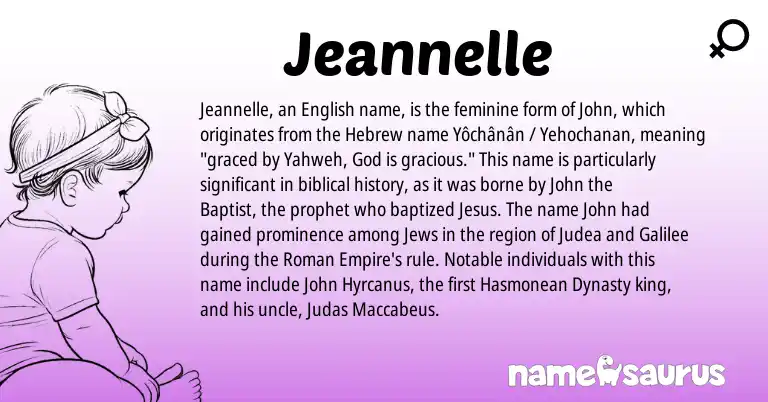 Infographic about Jeannelle name meaning, Jeannelle is a name from English, Roman, Hebrew origin(s).