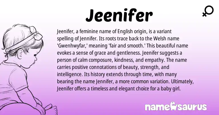 Infographic about Jeenifer name meaning, Jeenifer is a name from Welsh, English origin(s).