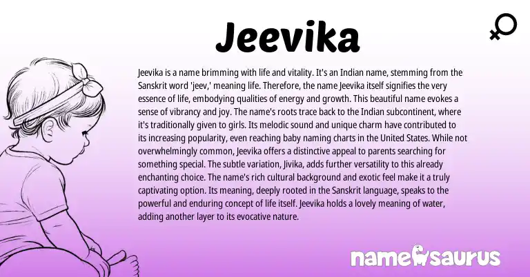 Infographic about Jeevika name meaning, Jeevika is a name from Anglo Saxon, Sanskrit origin(s).