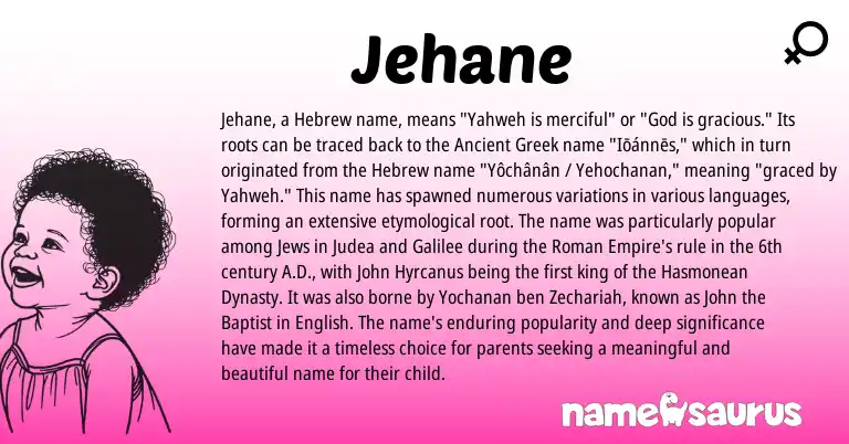 Infographic about Jehane name meaning, Jehane is a name from English, Ancient Greek, Roman, Hebrew origin(s).