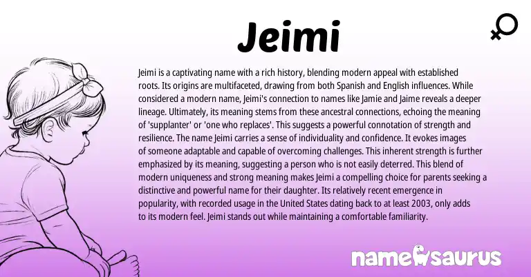 Infographic about Jeimi name meaning, Jeimi is a name from English, Spanish origin(s).