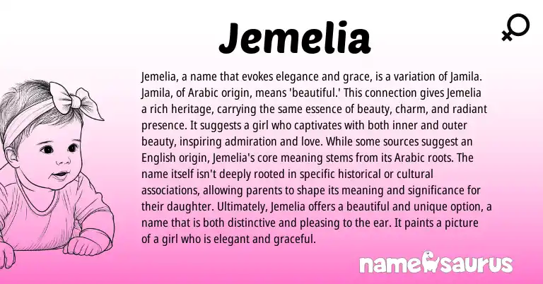 Infographic about Jemelia name meaning, Jemelia is a name from Arabic origin(s).