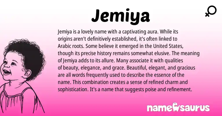 Infographic about Jemiya name meaning, Jemiya is a name from Arabic origin(s).