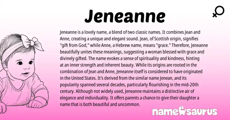 Infographic about Jeneanne name meaning, Jeneanne is a name from Scottish, Hebrew, English origin(s).