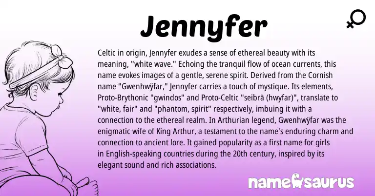 Infographic about Jennyfer name meaning, Jennyfer is a name from Cornish, Proto-Brythonic, English, Arthurian, Celtic, Proto-Celtic origin(s).