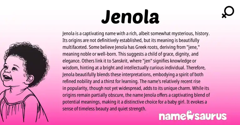 Infographic about Jenola name meaning, Jenola is a name from Greek, Sanskrit origin(s).