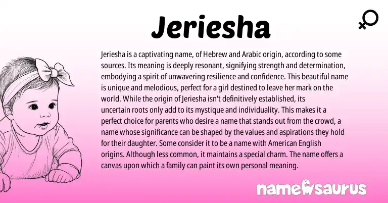 Infographic about Jeriesha name meaning, Jeriesha is a name from Hebrew, Arabic origin(s).