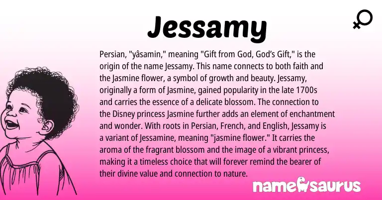 Infographic about Jessamy name meaning, Jessamy is a name from English, French, Persian origin(s).