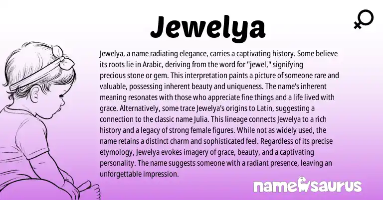 Infographic about Jewelya name meaning, Jewelya is a name from Arabic origin(s).