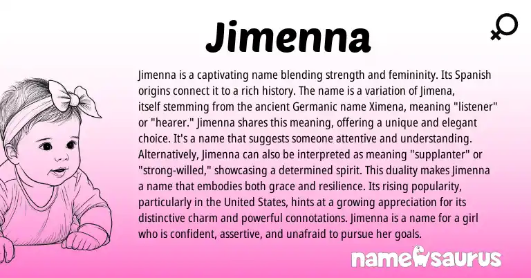 Infographic about Jimenna name meaning, Jimenna is a name from Spanish origin(s).