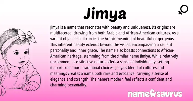 Infographic about Jimya name meaning, Jimya is a name from Arabic origin(s).