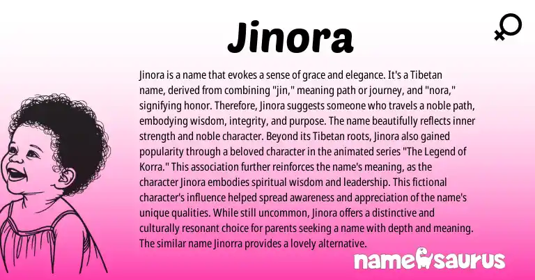 Infographic about Jinora name meaning, Jinora is a name from Hindu, Tibetan origin(s).