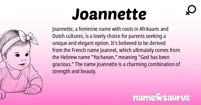 Infographic about Joannette name meaning, Joannette is a name from Afrikaans, Dutch origin(s).