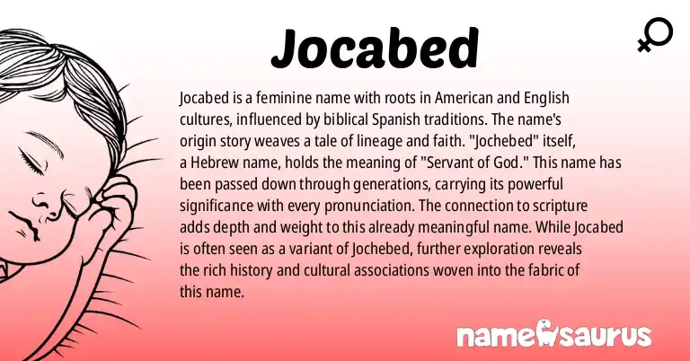 Infographic about Jocabed name meaning, Jocabed is a name from American (Hispanic), English, Biblical Spanish origin(s).