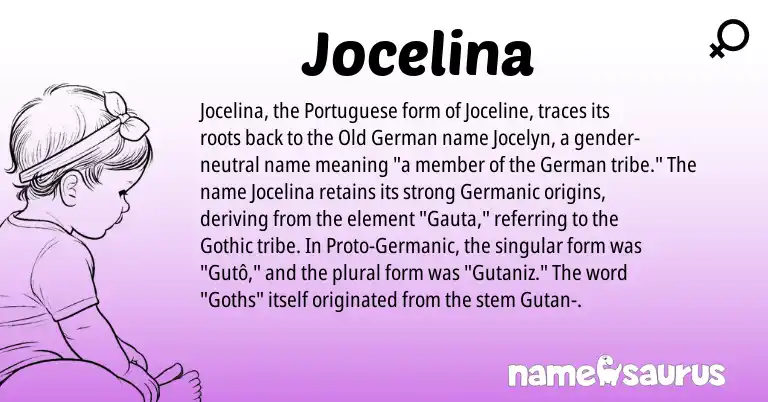 Infographic about Jocelina name meaning, Jocelina is a name from Germanic, Old German, German, Gothic, Portuguese origin(s).