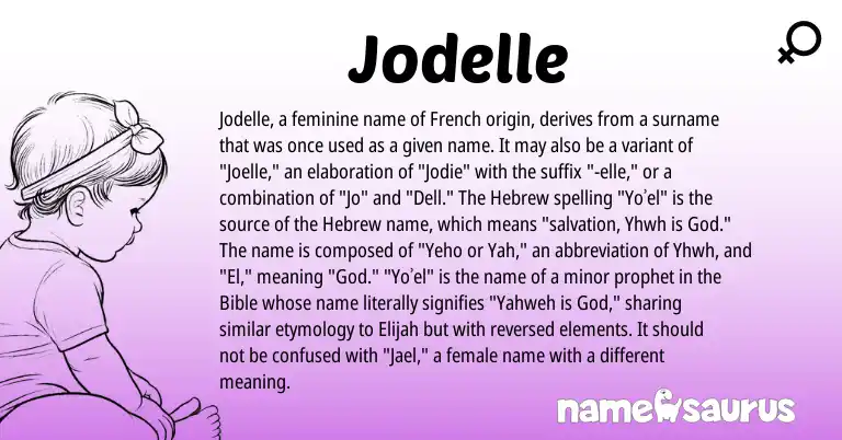 Infographic about Jodelle name meaning, Jodelle is a name from French, Hebrew origin(s).