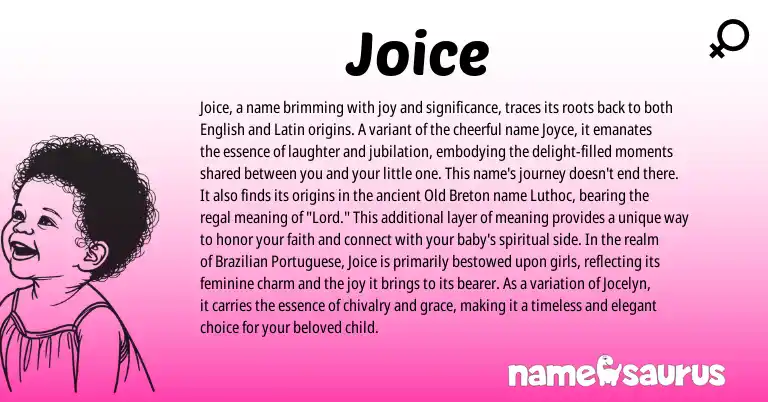 Infographic about Joice name meaning, Joice is a name from Breton, English, Latin, Brazilian, Portuguese origin(s).
