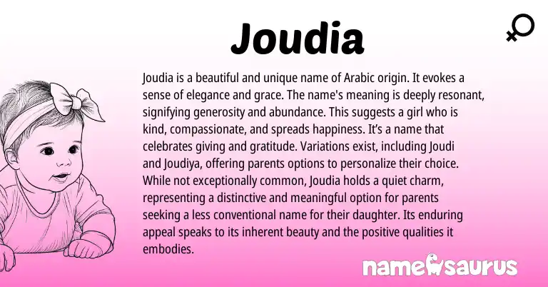 Infographic about Joudia name meaning, Joudia is a name from Arabic origin(s).