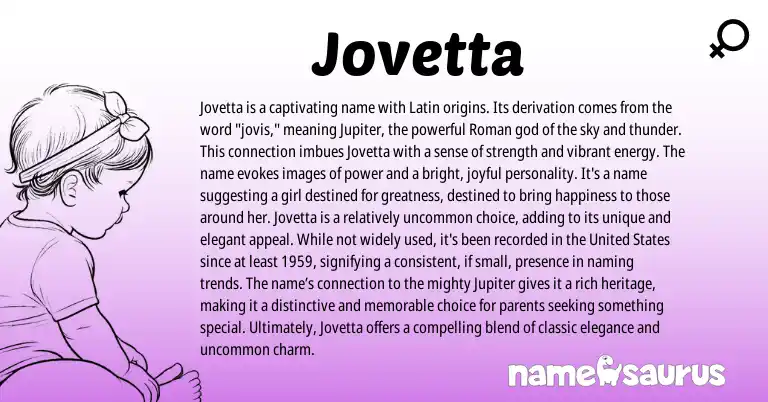 Infographic about Jovetta name meaning, Jovetta is a name from Latin, Hebrew, Roman origin(s).