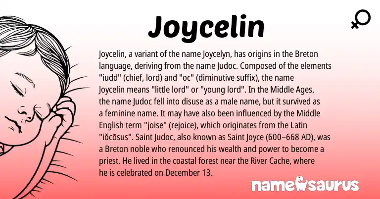 Infographic about Joycelin name meaning, Joycelin is a name from Middle English, Latin, Breton origin(s).