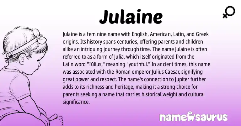 Infographic about Julaine name meaning, Julaine is a name from English (American), Latin, Greek origin(s).