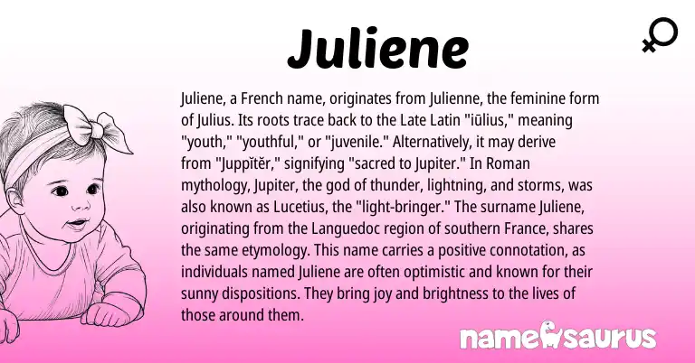 Infographic about Juliene name meaning, Juliene is a name from Late Latin, French, Roman origin(s).