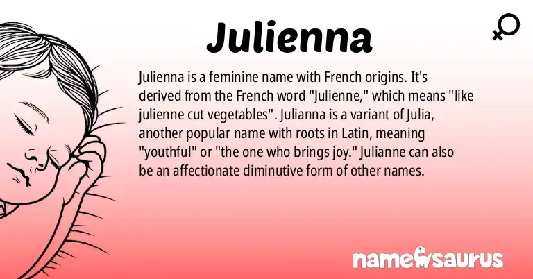 Infographic about Julienna name meaning, Julienna is a name from French, French (Belgian), French (African), French (Caribbean) origin(s).