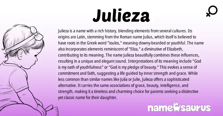 Infographic about Julieza name meaning, Julieza is a name from French, Hebrew, Roman origin(s).