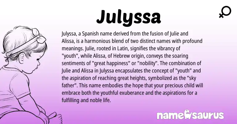 Infographic about Julyssa name meaning, Julyssa is a name from Spanish, Latin, Hebrew origin(s).