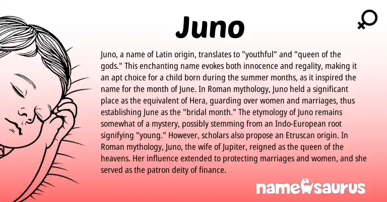 Infographic about Juno name meaning, Juno is a name from Roman, Etruscan, Latin, European origin(s).