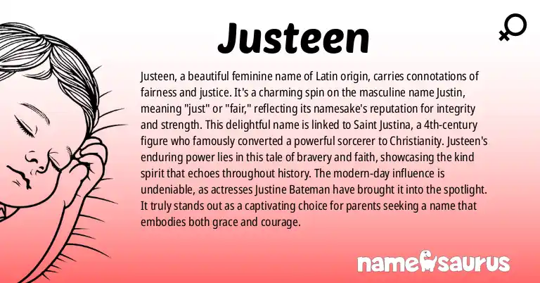 Infographic about Justeen name meaning, Justeen is a name from Latin origin(s).